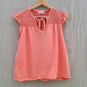 Bella Dahl Ruffle Cap Sleeve Top Peach Smocked Tie Neck Flowy Lyocell Size M